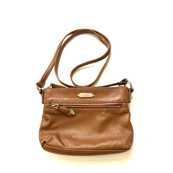 Perlina New York Crossbody Bag Caramel-Brown Leather Small Compact 9x6" Handbag - Picture 1 of 12